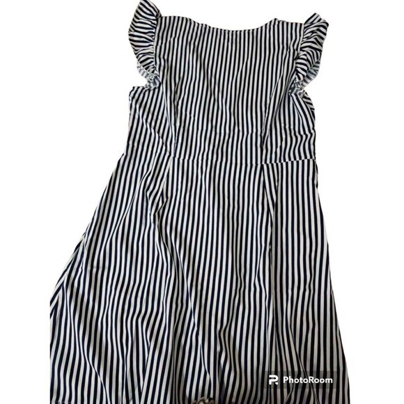 Women's Blue & White Frenchy Striped Print Button Front Butterfly Sleeve Short - Picture 3 of 5